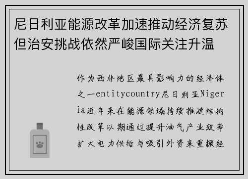 尼日利亚能源改革加速推动经济复苏但治安挑战依然严峻国际关注升温 尼日利亚能源改革加速推动经济复苏但治安挑战依然严峻国际关注升温