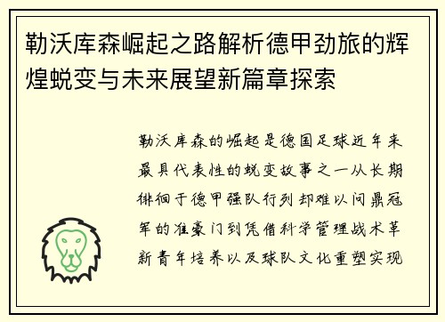 勒沃库森崛起之路解析德甲劲旅的辉煌蜕变与未来展望新篇章探索